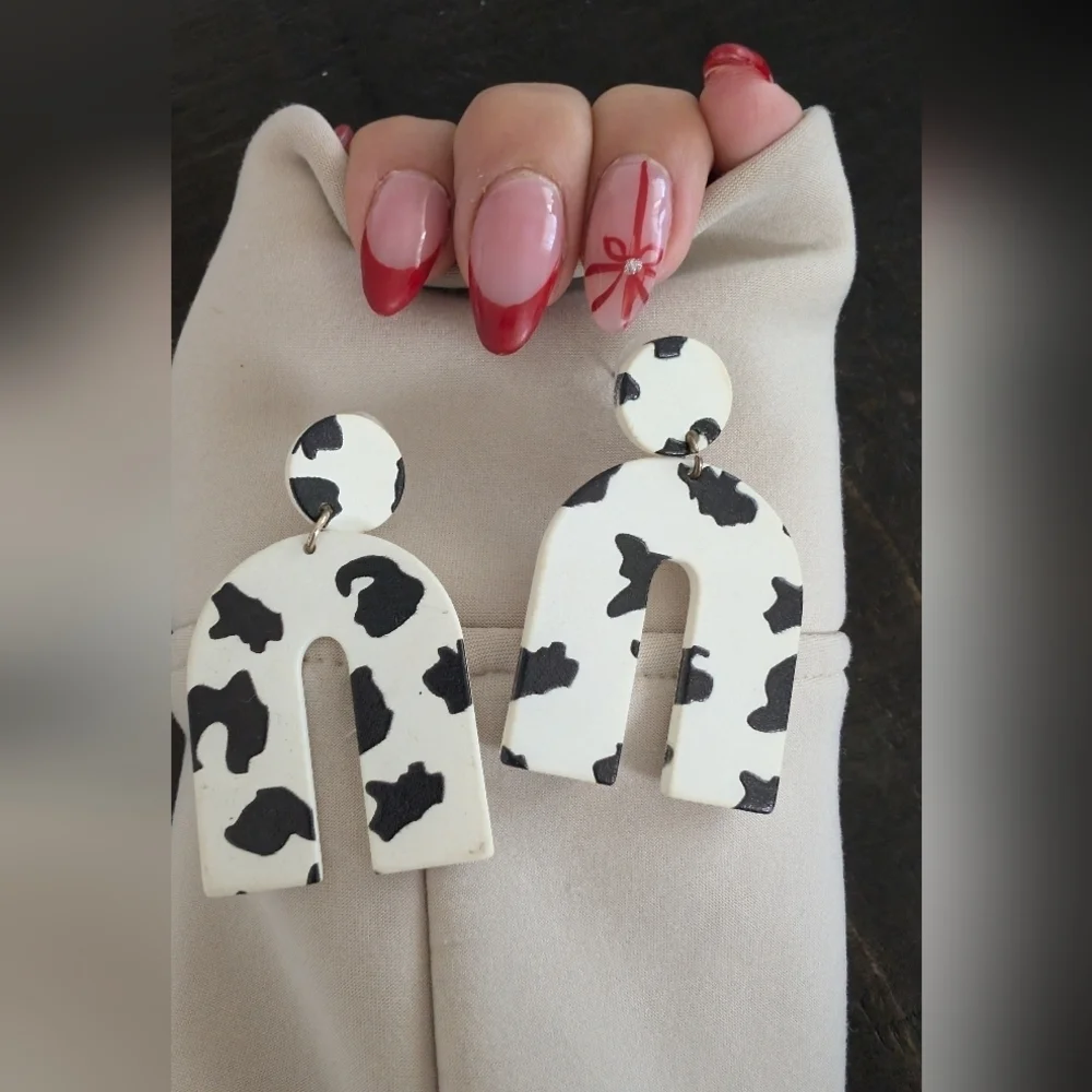 Western Cow Print Black and White Arch Earrings